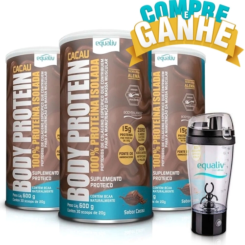 Compre 3unid Body Protein Sabor Cacau (600g) - Equaliv e Ganhe 1 Coqueteleira Mixer 450ml